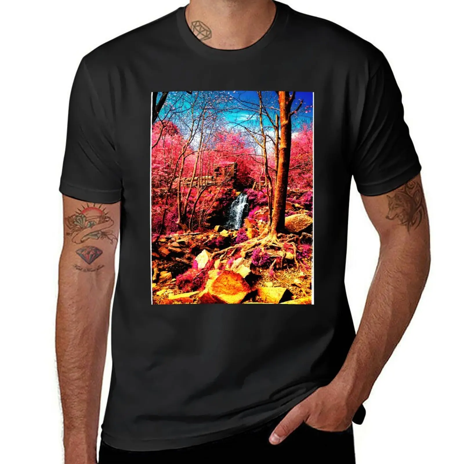 Fall forest, autumn landscape, waterfall T-Shirt animal prinfor boys Blouse summer clothes sweat mens workout shirts