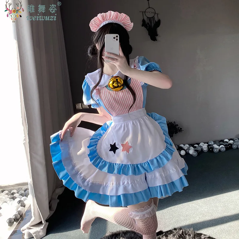 

Japanese Anime Sweet Cute Lolita Dress Maid Cosplay Costume Coffee Shop Uniform Blue Pink Stripe Outfit Cat Girl Kawaii Costume