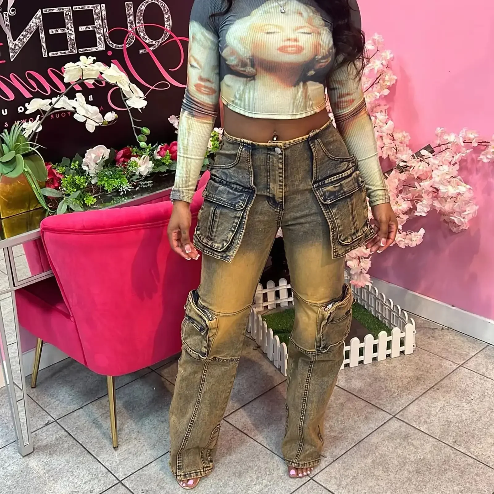 Celana Jeans Wanita Vintage Distressed Model Cargo Panjang Se-mata Kaki dengan Sambungan, Kantong Denim, Pinggang Tinggi, Streetwear, Longgar