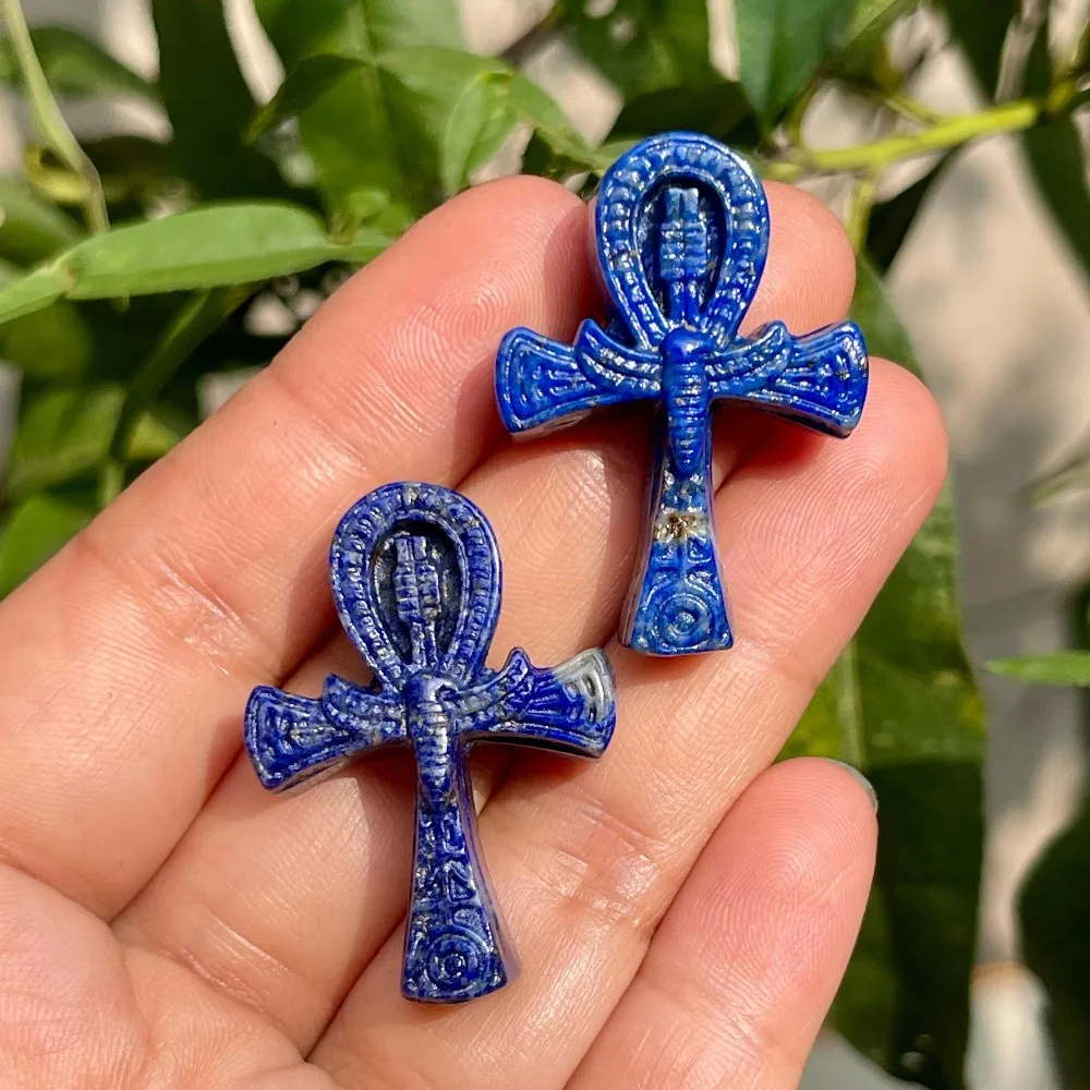 Natural Lapis Lazuli Ankh Cross Carved Pendant Egyptian Symbol Stone Figurine Home Decor Ornament Collectible Gift