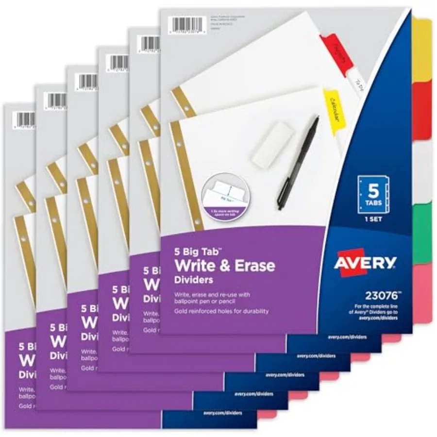 

Big Tab Write and Erase Dividers for 3 Ring Binders, 5-Tab Set, Multicolor Divider Tabs, Great for Organizing Projects, Reports