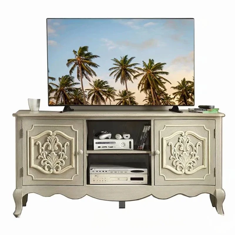 

Solid wood TV cabinet American style, living room oak retro carved video cabinet, double door audio-visual cabinet locker