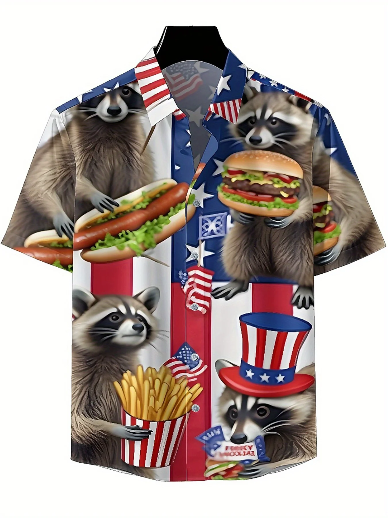 Camisas havaianas plus size masculinas com tema de bandeira americana padrão de festa de guaxinim, camisas com botões, roupas casuais unissex, tops de verão