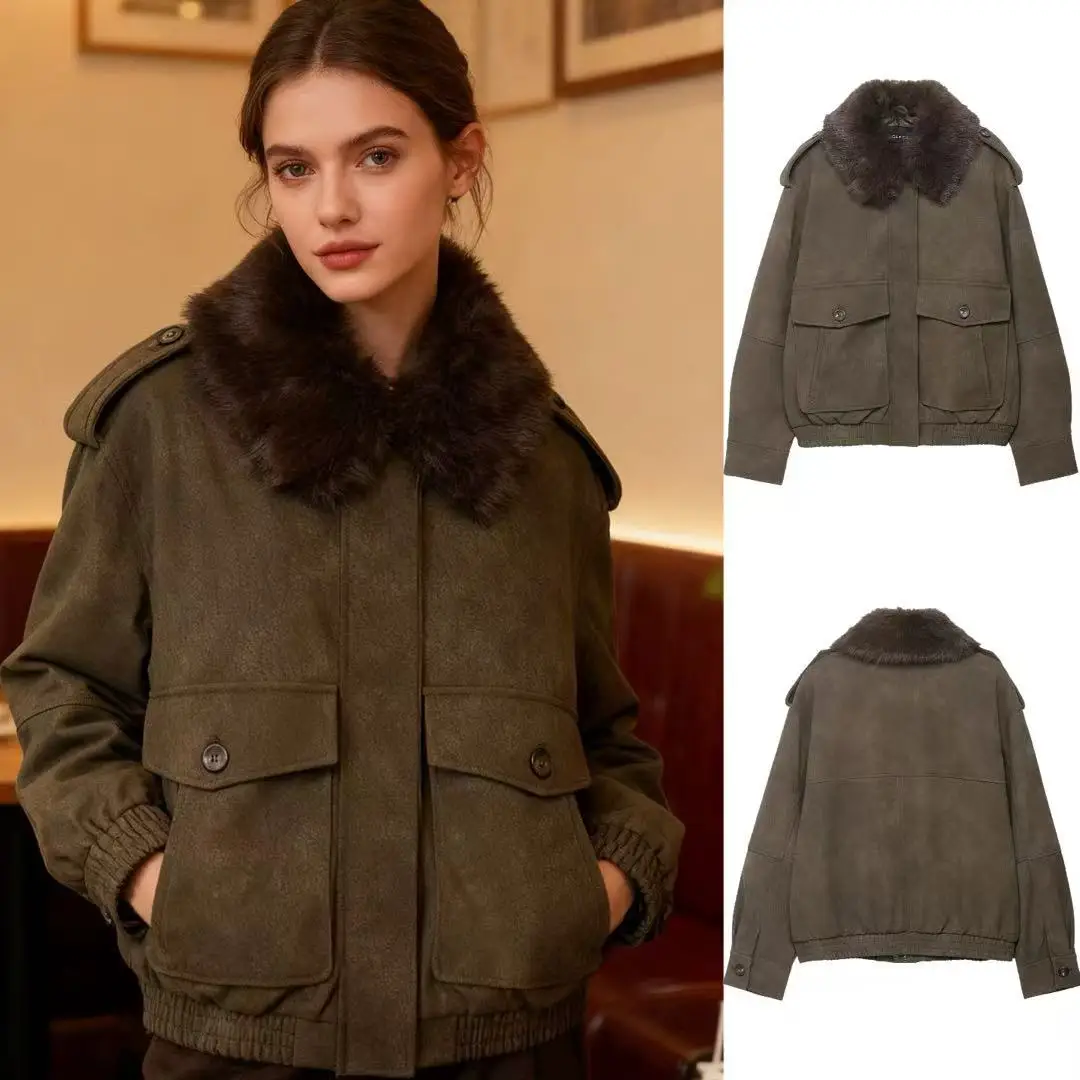 

Autumn Winter New Fashion Anti Fleece Leather Women Detachable Collar Jacket Versatile Solid Color Female Casual Collar Coat