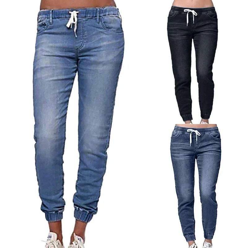 2024 Summer Women\'s casual drawstring jeans Loose high-waisted wide-leg pants slim pants Cool soft jeans nine-point pants