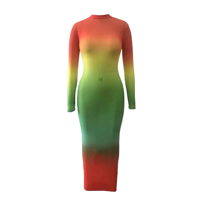 KEXU – robe longue en maille transparente pour femmes, imprimé arc-en-ciel, manches longues, Vintage, moulante, Maxi, Sexy, soirée en Club, crayon