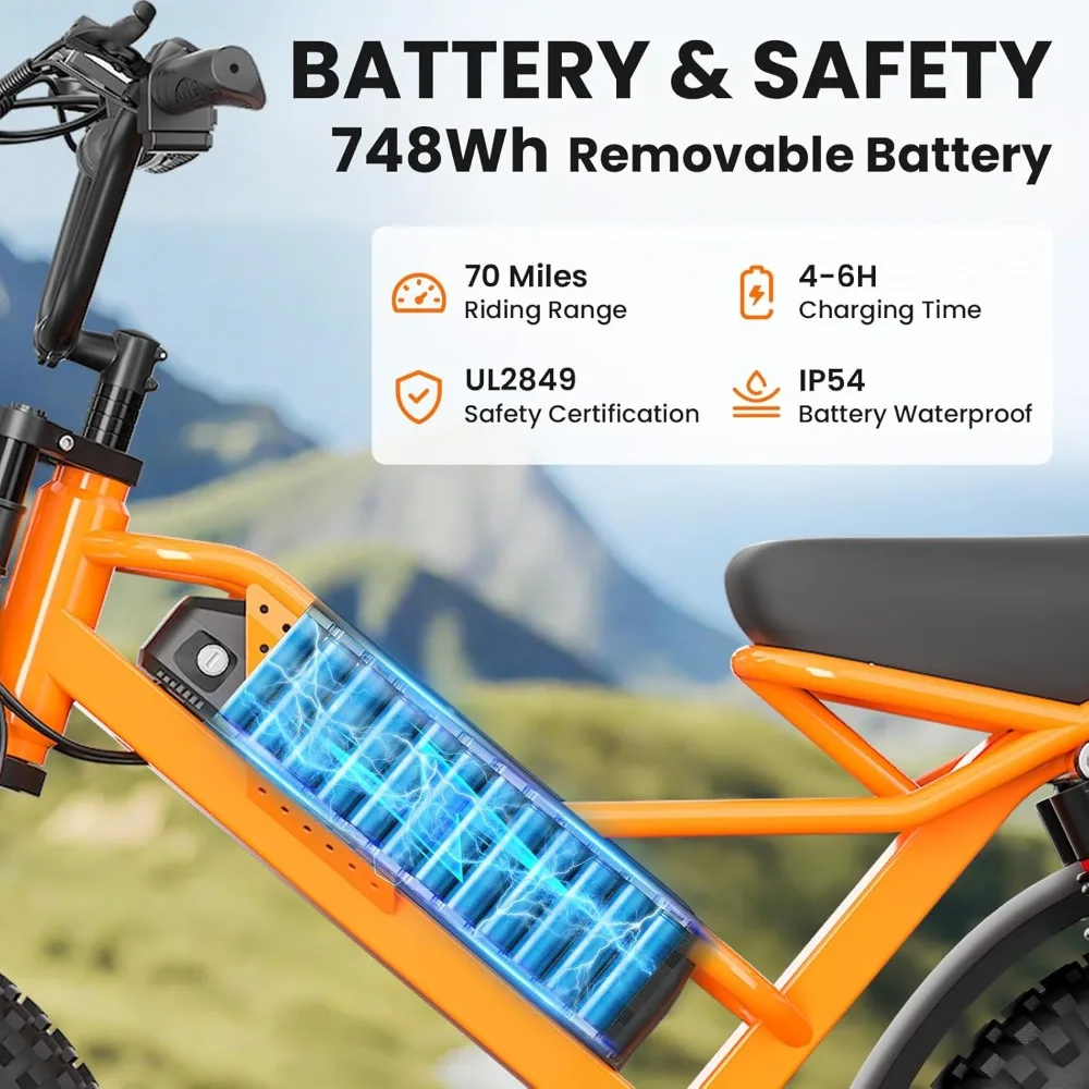 دراجة كهربائية 750 وات للبالغين، 21.6 ميجا في الساعة 70 ميلًا، دراجة نارية ترابية كهربائية 48 فولت 15.6 أمبير في الساعة، دراجة كهربائية بإطارات عريضة 16 بوصة × 4.0، 6 سرعات