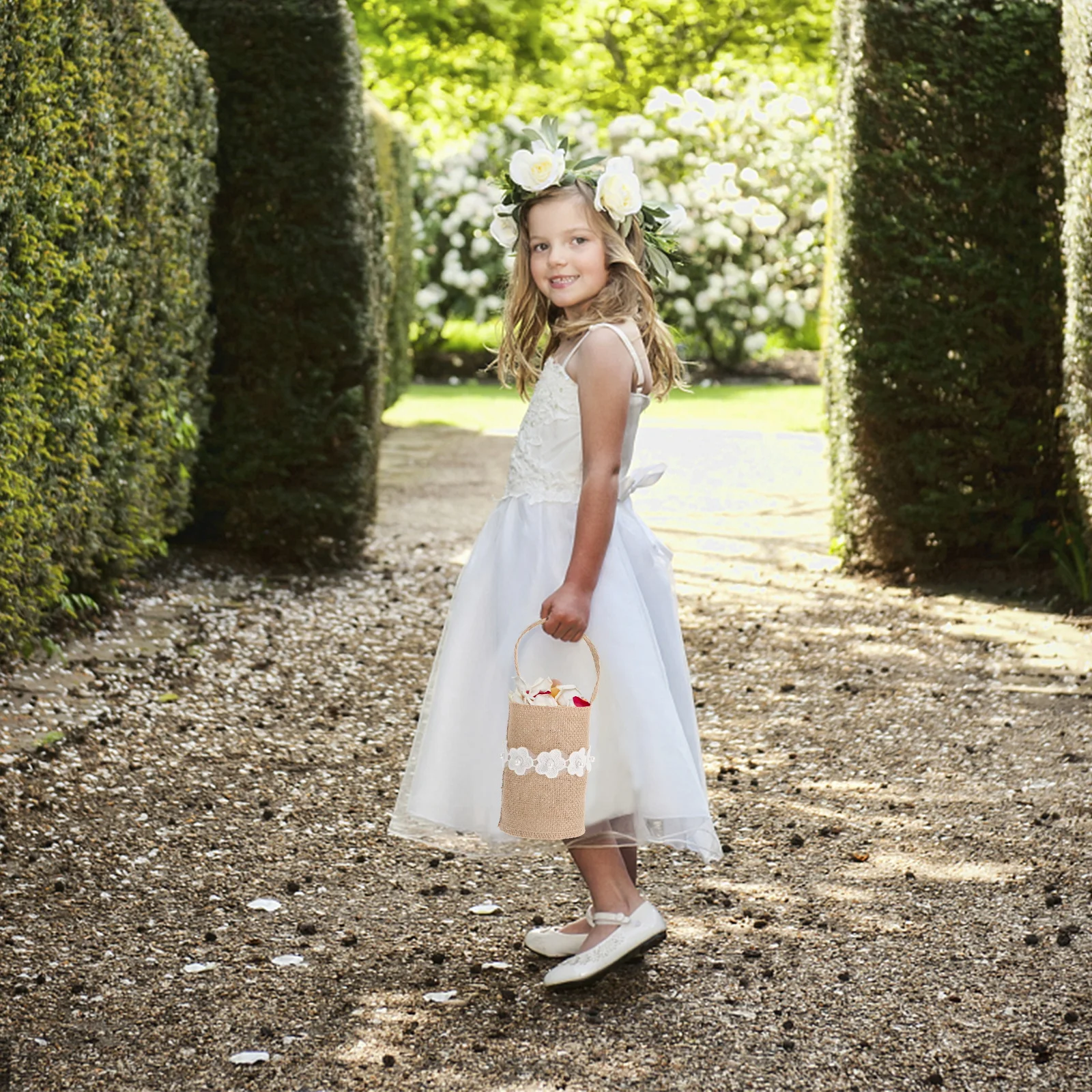 

2Pcs Flower Basket Wedding Rustic Burlap Flower Basket with Handle for Bridal Party Favors Confetti Candy Storage Ivory