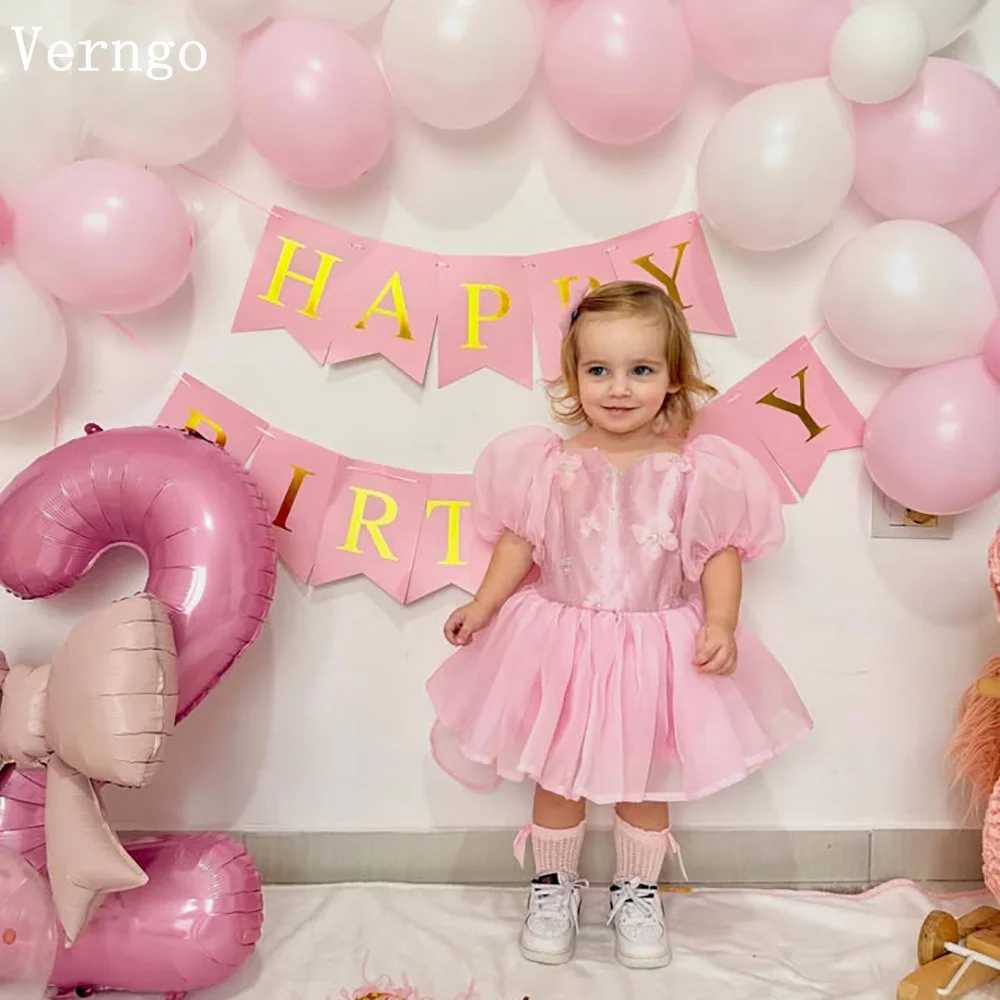 

Verngo Pink Tulle Girl Flowers Dress O Neck Short Sleeves Kid Birthday Party Dress Sequined Princess Celebrity Dress Customized