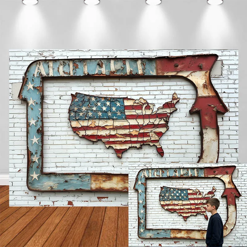 LS Independence Day Photography Background Retro Industrial USA Map Design Flag Decor Adult Kids Portrait Photo Backdrop Studio