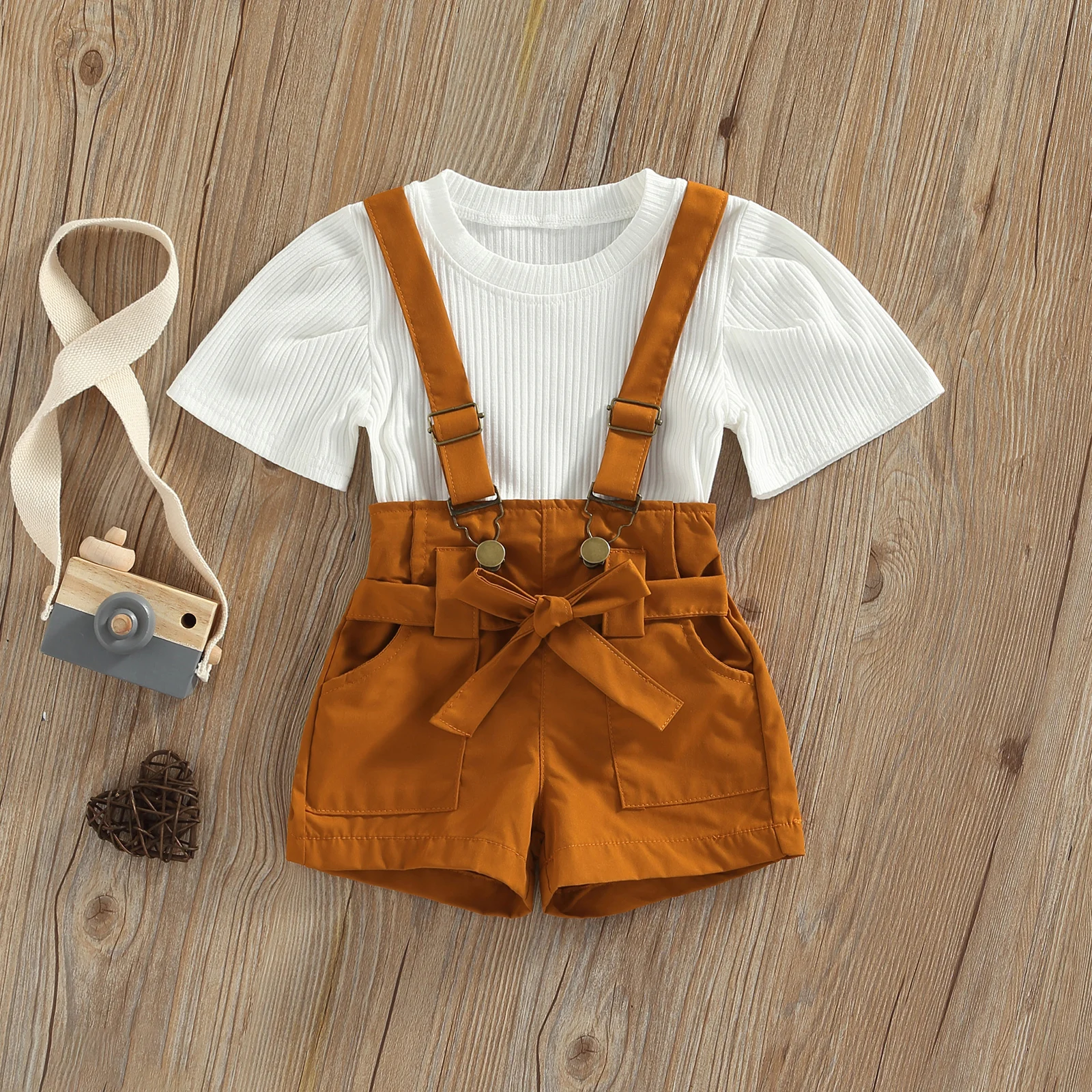 2 Pcs Infant Summer Outfits, Girls Ribbed Solid Color Short Sleeve Round Neck T-shirt + Bandage Suspender Shorts