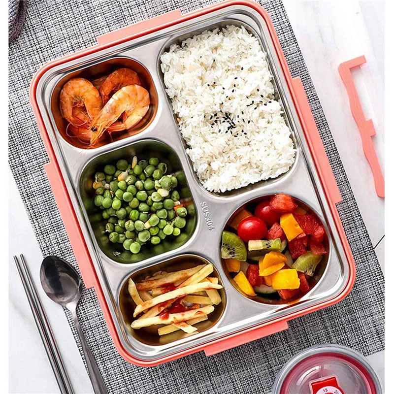 

【Lowest-Price!】2X 5 Compartments Lunch Box Stainless Steel Leak-Proof Large Bento Boxes Soup Container School Dinnerware(Pink)