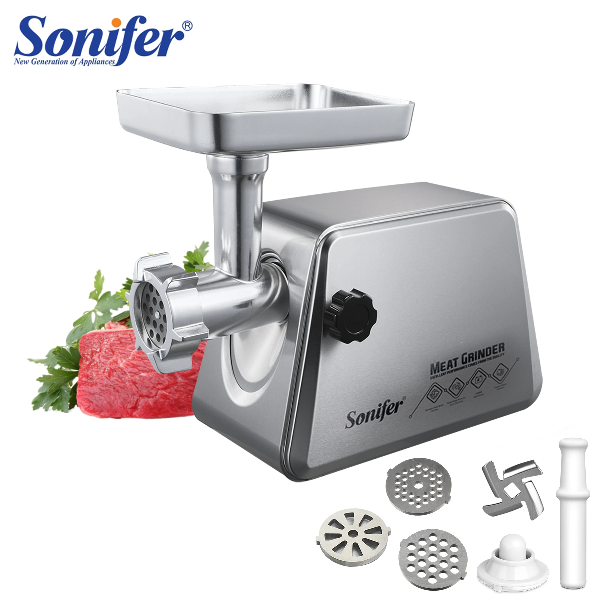 Sonifer Meat Grinder .3 metal cutting plates.Reverse system avoids blockage for overuse.Large aluminum food tray.Non-slip feet