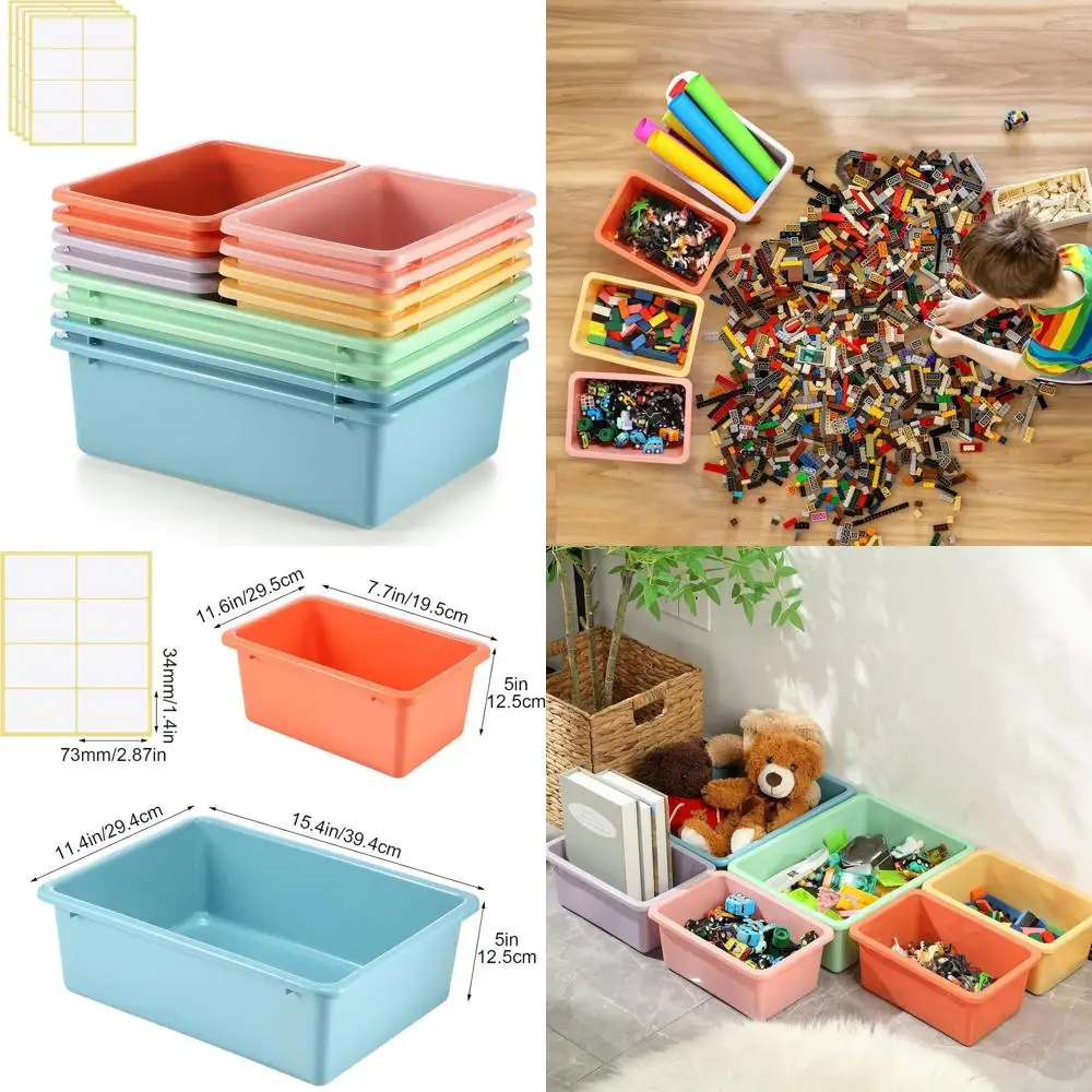 

12-Piece Pastel Plastic Storage Bins with Labels for Home, Office, and Library Organization