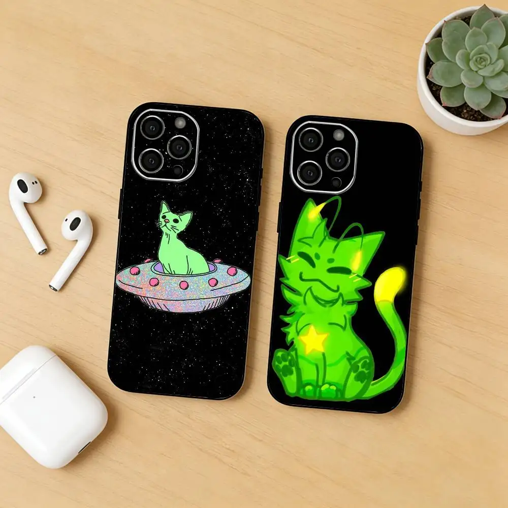 

Alien Cat Space Phone Case For iPhone17,16,15,14,13,12 Plus,Max Soft Silicone Black Cover