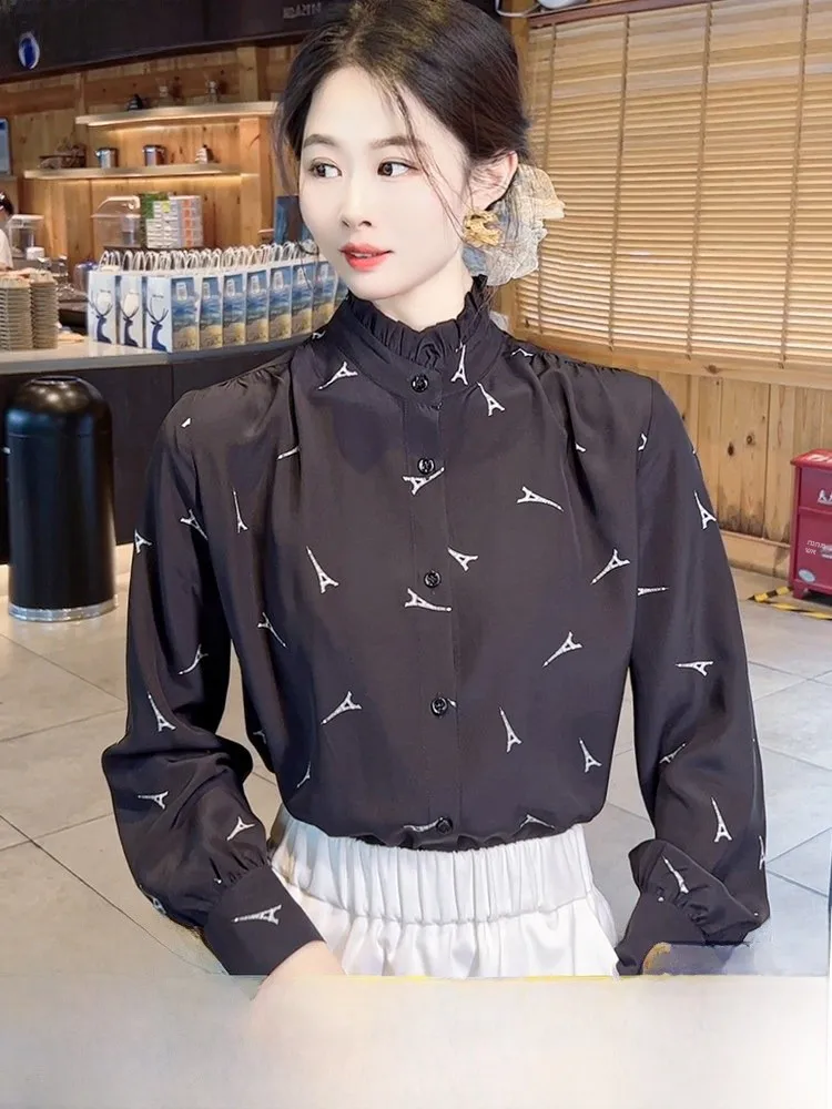 

Ladies Bla Silk irt Long Sve Earlet Collar Inner Wear Design Casual Sle Straight Cut 00% Silk Spring Faion