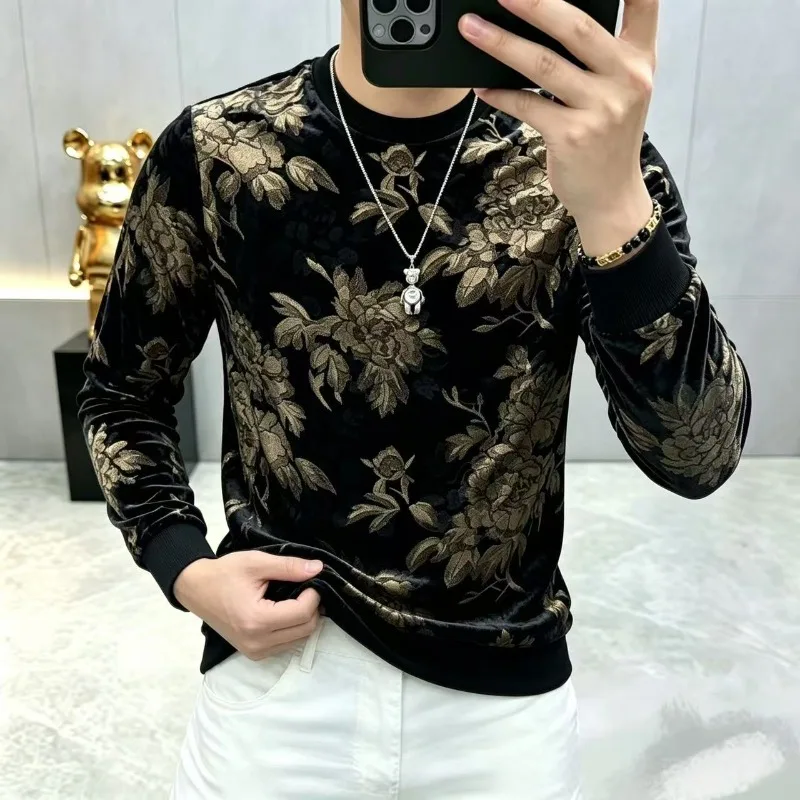 2026 Autumn Men's Velvet Round Neck Sweatshirt Long Sleeved Casual Business Social Pullover Elastic Versatile Street Hoodie Top