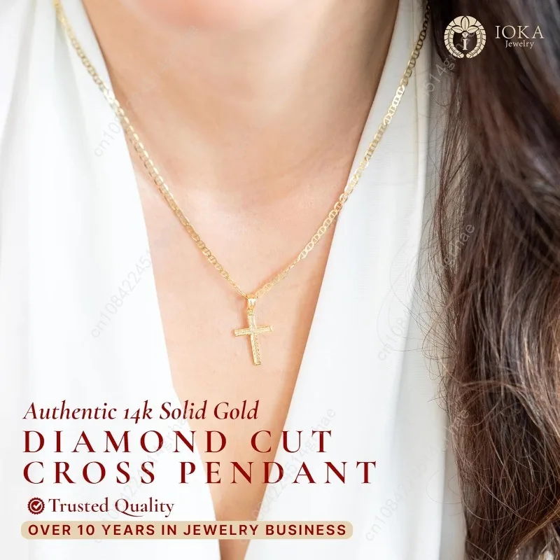 จี้กางเขนทองคำแท้ 14K สีเหลือง สำหรับผู้ชายหรือผู้หญิง มีสองขนาด – จี้พระเยซูขนาดเล็ก 14 กะรัต สำหรับสร้อยคอหรือสายโซ่ – จี้รูปไม้กางเขนแบบบาง