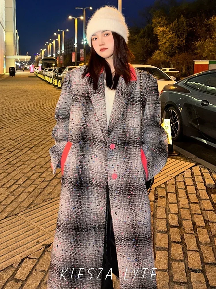 Fashion Party 2024 Autumn Winter Colorful Spliced Design Retro Plaid Long 20%Wool Blend Coat Women Thick Long Woolen Warm Jacket