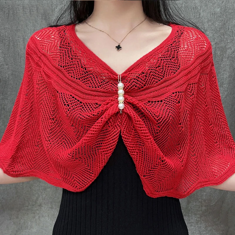 Women Hollow Knit Mesh Sunscreen Shawl Scarf Female Summer Pearl Pin Pullover Blouse Cape Versatile Camisole Clothing R73