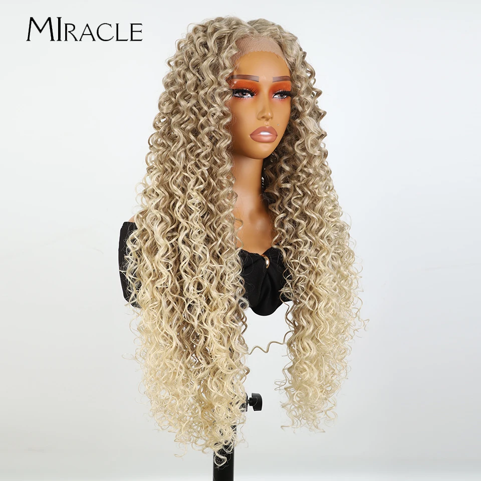 MIRACLE-Perruque Lace Front Wig en fibre synthétique pour femme, cheveux afro crépus bouclés, 22 en effet 26 en effet 30 en brun et blond