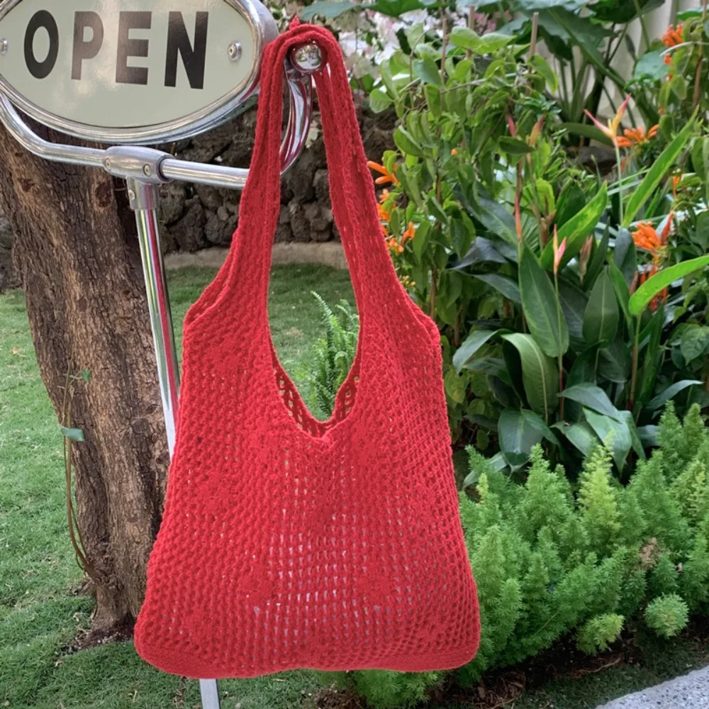 

Korean Style Hollow Out Knitted Weave Bag Braided Solid Color Knitted Shoulder Bag Handbag Vacation Style