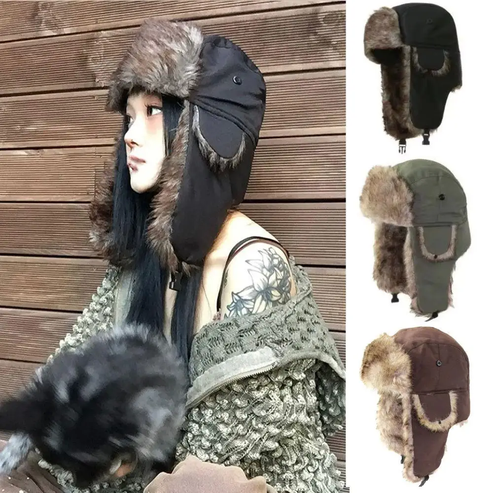 

Y2K Trendy Faux Fur Hats Winter Warm Mens Women Trapper Cap Russian Ushanka Hat Bomber Cap Outdoor Skiing Hunting Earflap Cap