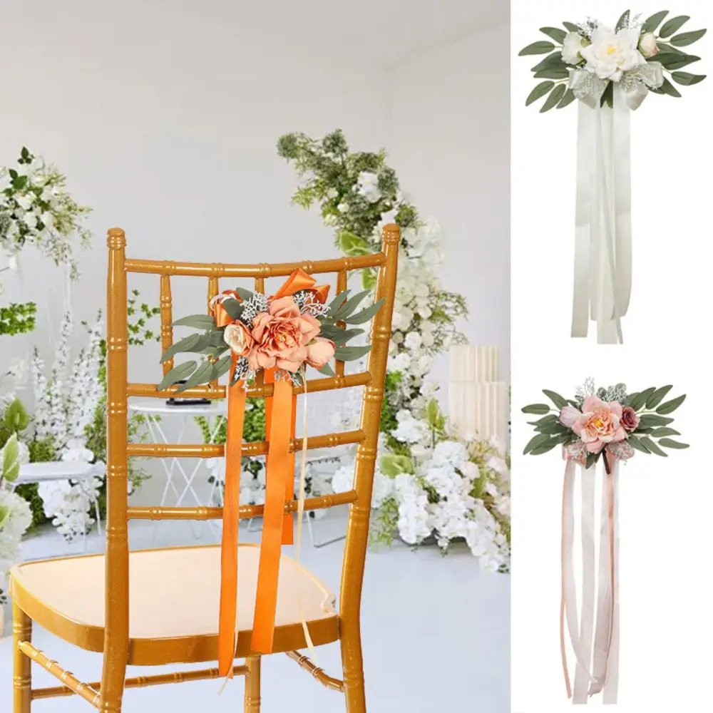 

Silk Flower Chair Back Flower Nordic Style with Ribbon Wedding Pew Flowers Floral Decoration Multicolor Artificial Flowers