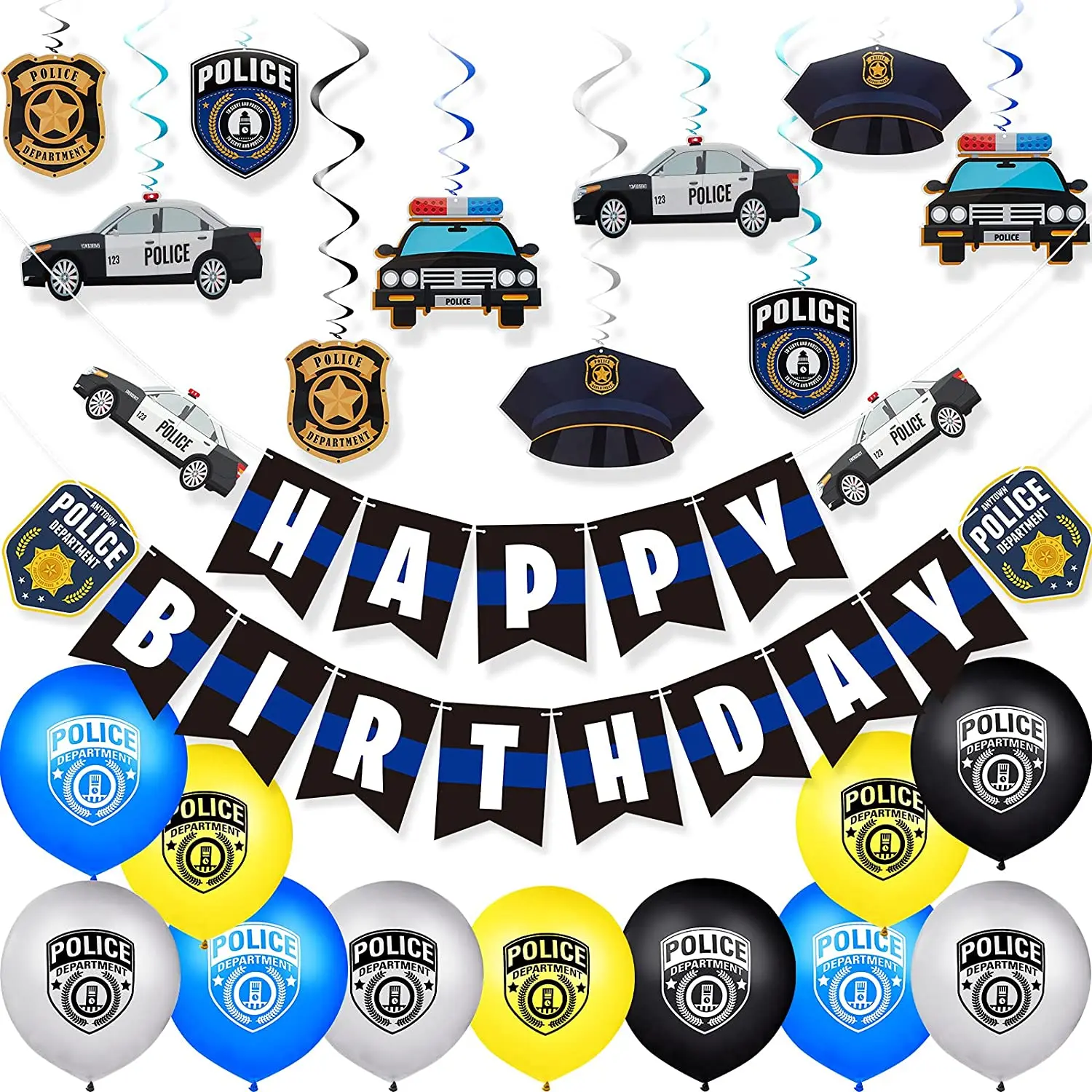 Police Themed Birthday Party Decoration Police Party Banners Hanging Swirls decor Police Party Balloon Police Party cake decor