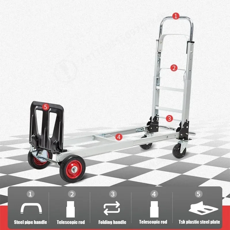 Multi Functional Portable Folding Handcart Aluminum Alloy Flatbed Silent Home Luggage Express Delivery Transportation Tool