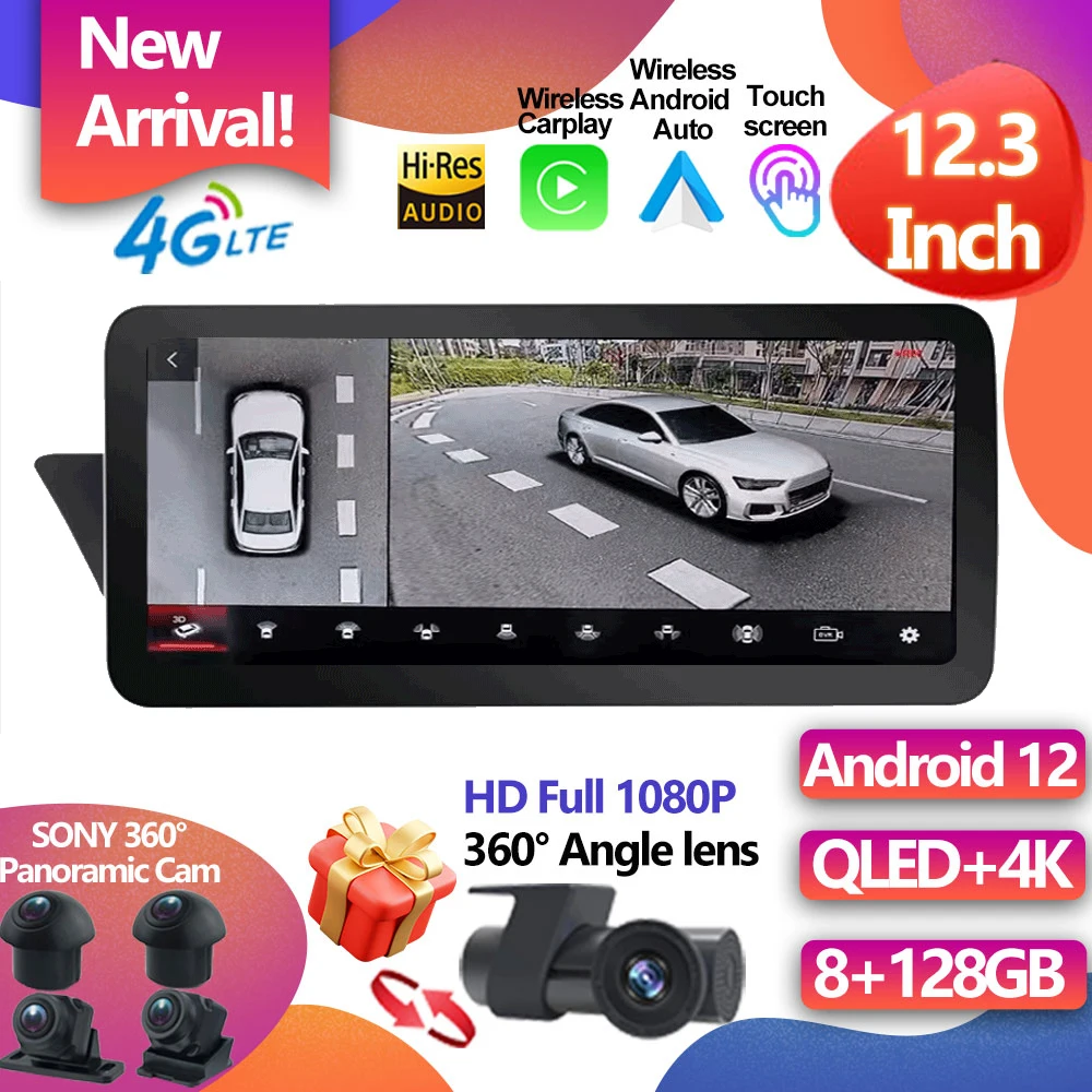 

For Audi A4L S4 A5 B8 2009-2016 Car DVD Radio 12.3“ HD 1920*720 Android 12 Multimedia GPS Navigation Carplay WIFI BT SWC 4G LTE