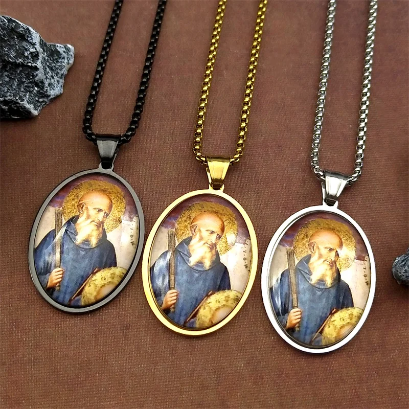 سانت بنديكت البيضاوي ميدالية قلادة قلادة للنساء الرجال الفولاذ المقاوم للصدأ الذهب اللون الكاثوليكية سان بينيتو تميمة مجوهرات هدية
