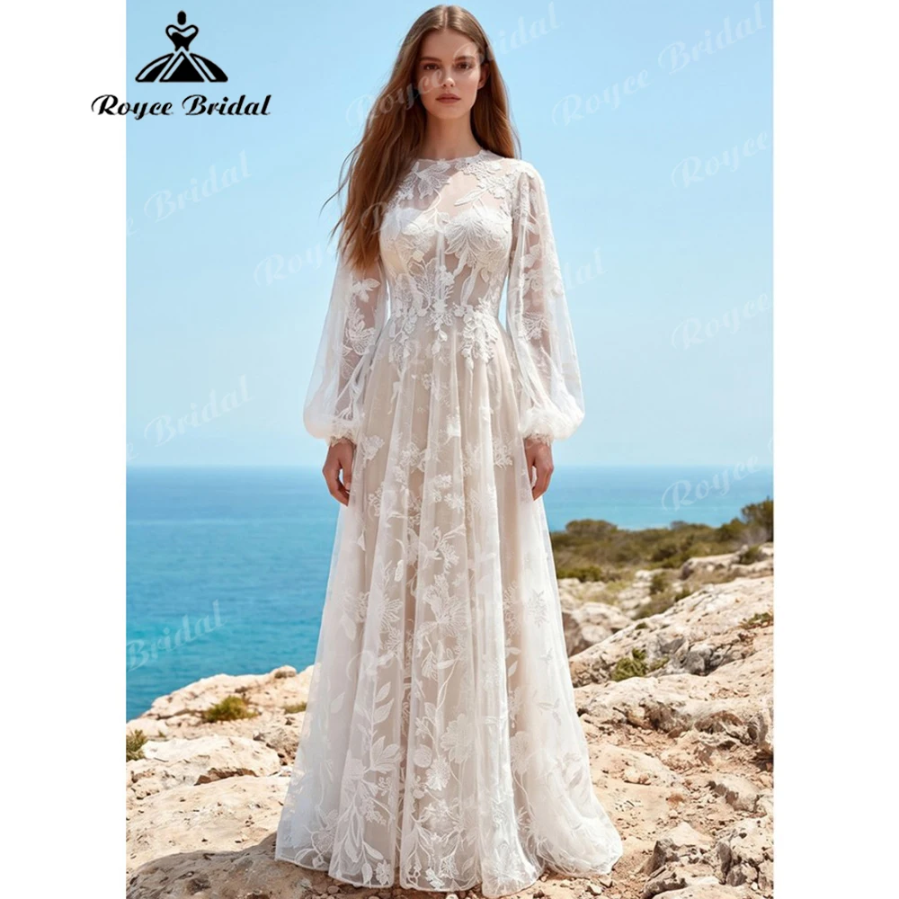 Böhmisches Blumen-Stickerei-Spitzen-Brautkleid Lange Laternenärmel A-Linie Hochzeitskleid für Strandhochzeit Maßanfertigung