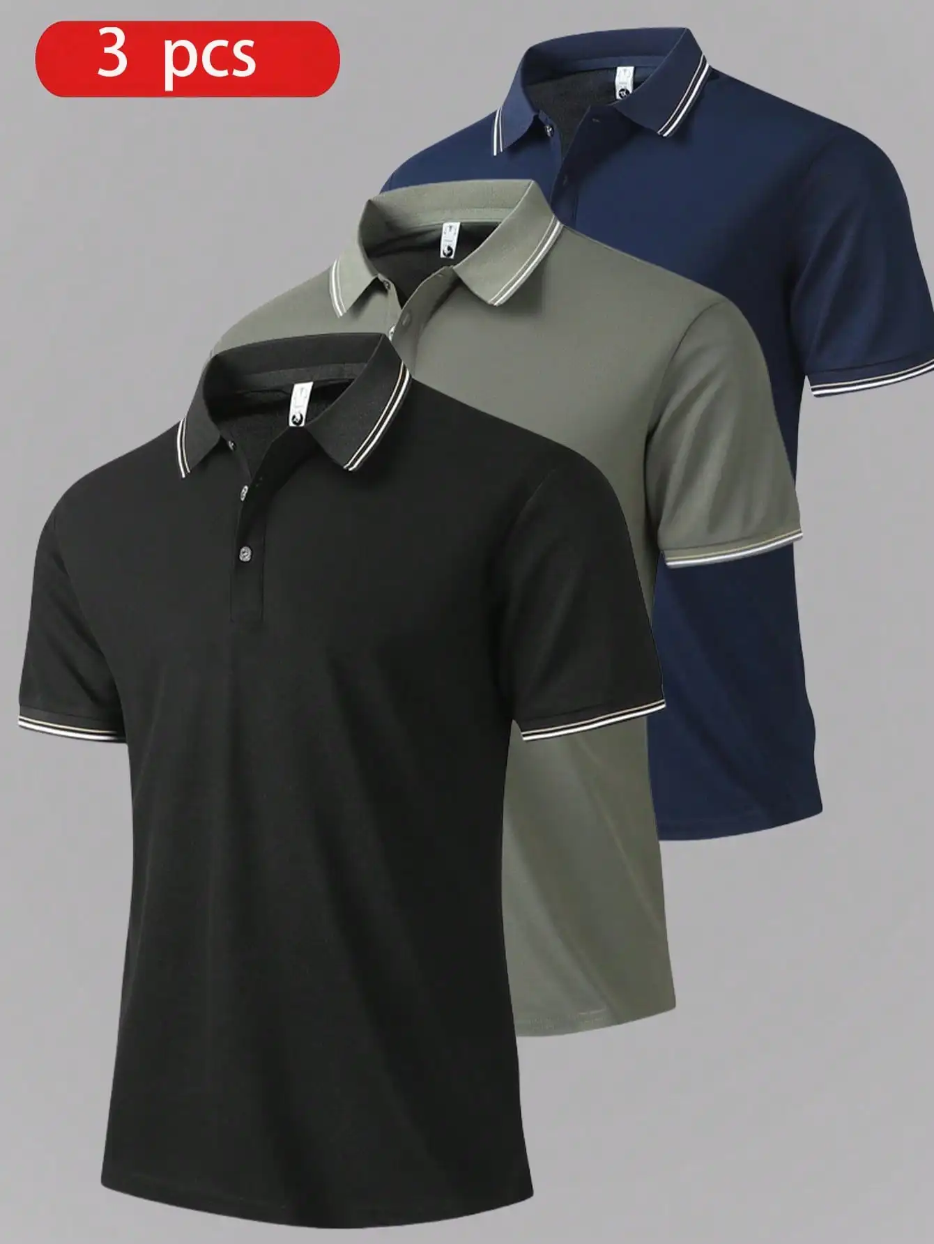 

3-Pack Men's Lightweight Breathable Polo Shirts with Trimmed Collar & Cuffs, Casual Short Sleeve for Summer