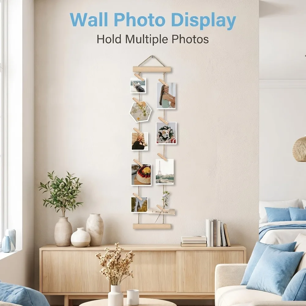 No Drill Wooden Photo Display Hanging Rack with Clips Space Saving Floating Shelves for Wall Bedroom Dorm Office Home Decoration