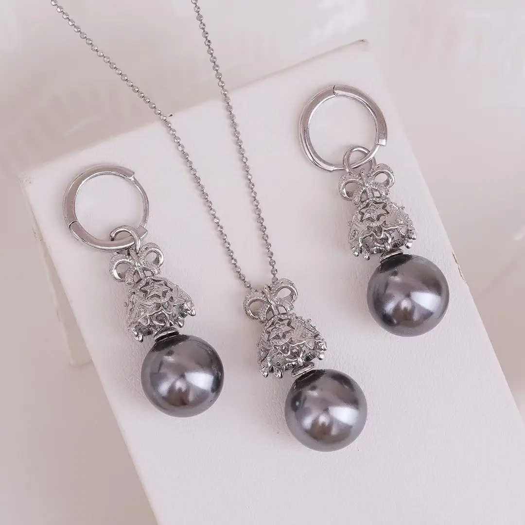 S925 Sterling Silver Pendant and Earrings Set Base Mounts Findings Mounting Jewelry Set Parts Fittings for 10-11mm Pearls