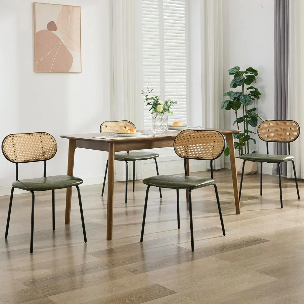 

Set of 4 Rattan Dining Chairs - Green Leather Boho Mid-Century Modern