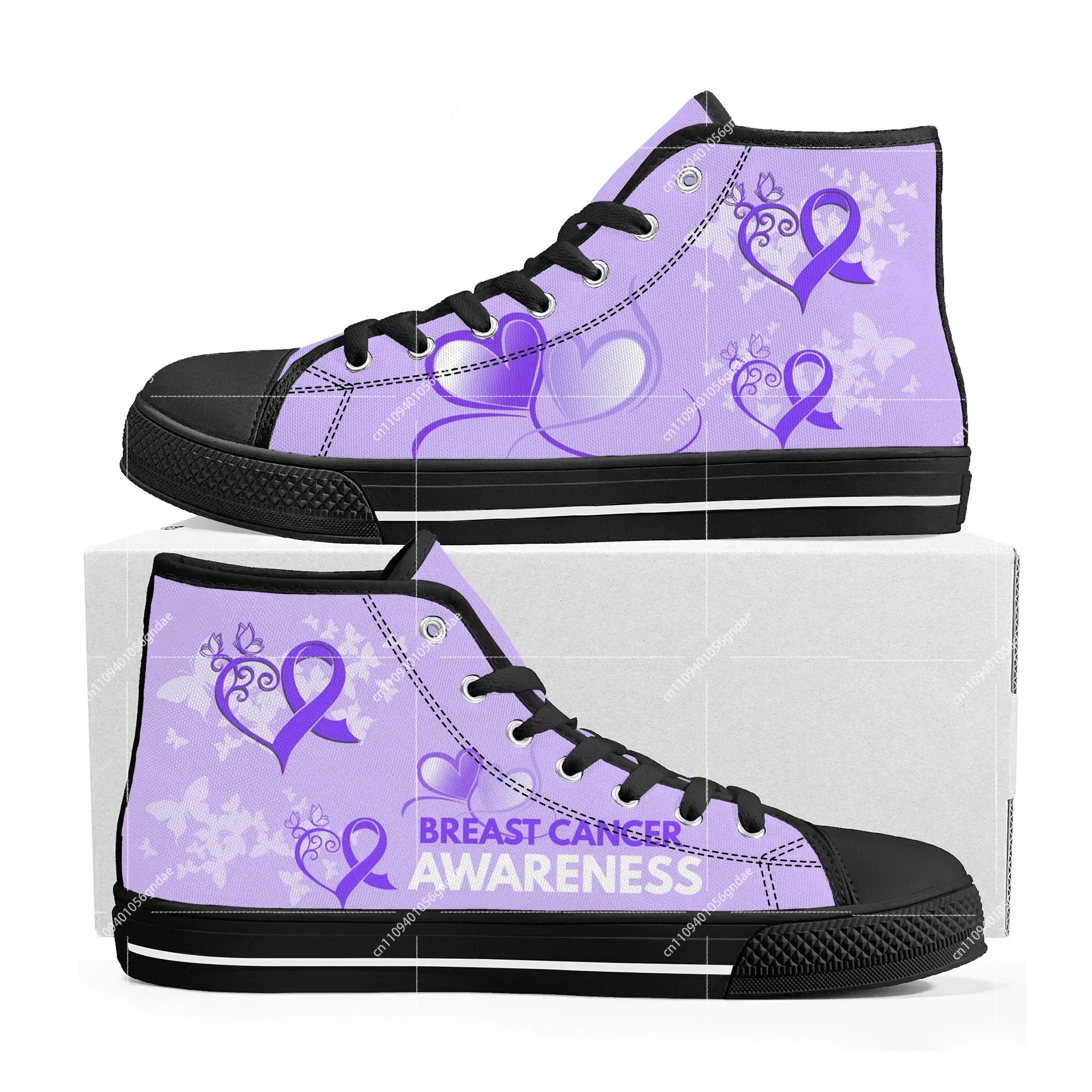 Breast Cancer Awareness Pink Ribbon Design High Top Sneakers Mens Womens High Quality Canvas Sneaker Custom Built Couple Shoes
