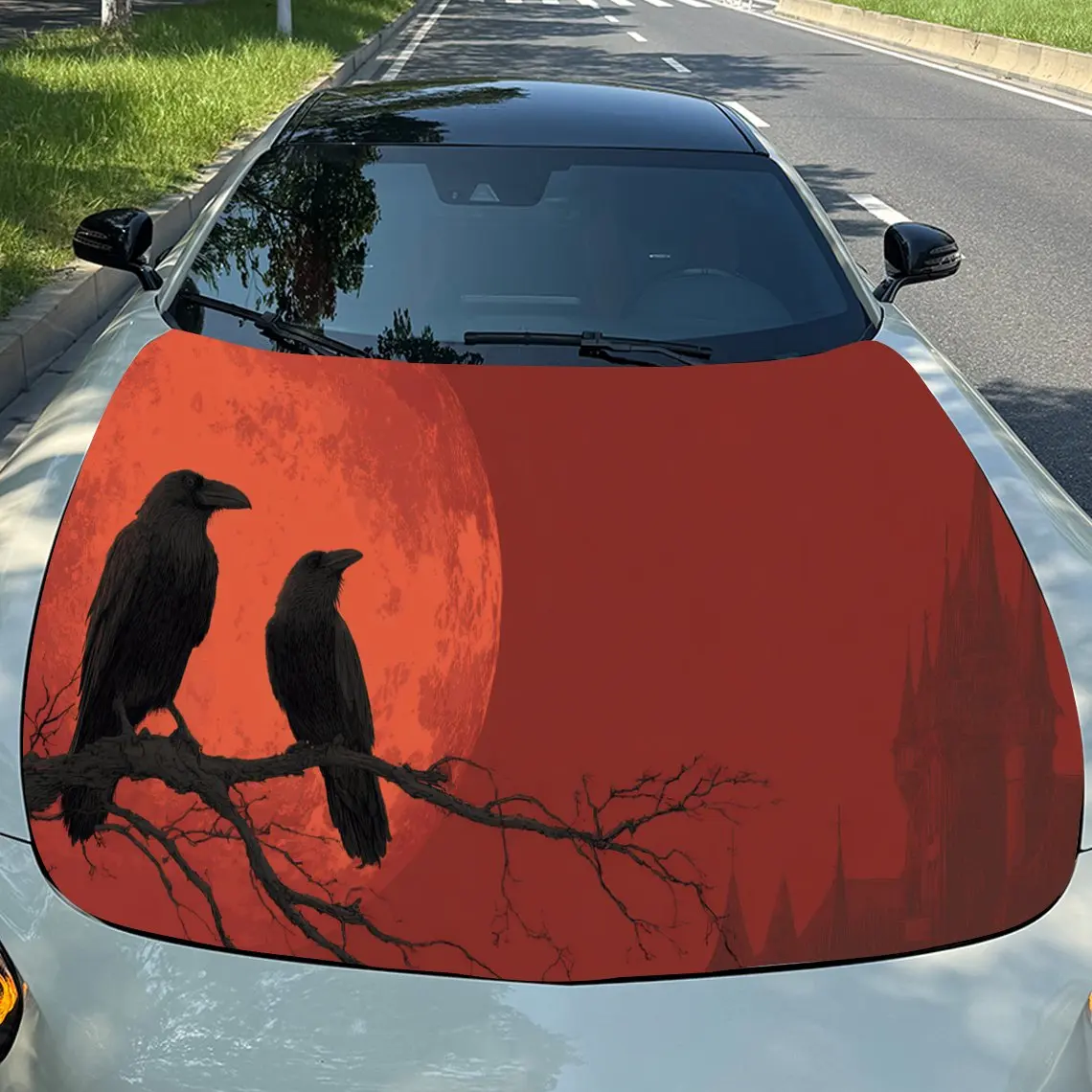 

Dark Raven Blood Moon Thrill ПВХ виниловые обертки капота двигателя автомобиля, самоклеящаяся водостойкая наклейка на капот автомобиля, украшение автомобиля Pr