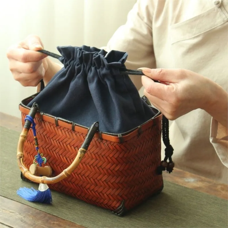 Chinese Style Handmade Bamboo Woven Tea Bag Home Retro Drawstring Design Handbag Tea Ceremony Tea Storage Bag With Tassel ZJ358