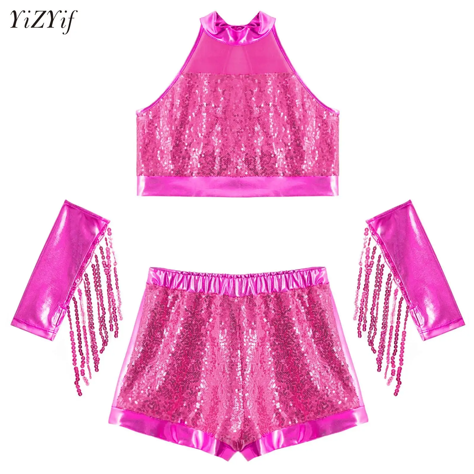 

Kids Girls Ballet Dance Set Sequin Crop Top with Shorts Gloves Outfits Modern Lyrical Hip Hop Jazz Workout Performance Costumes