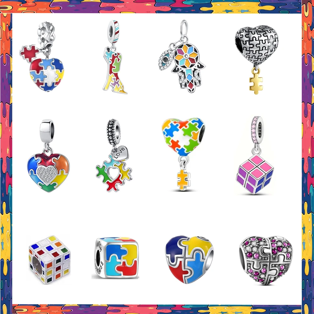 

New 925 Silver Colorful Pandent Heart Jigsaw puzzle Forever Charm Clip Beads Fit Original Bracelet Trinket DIY Woman Jewelry
