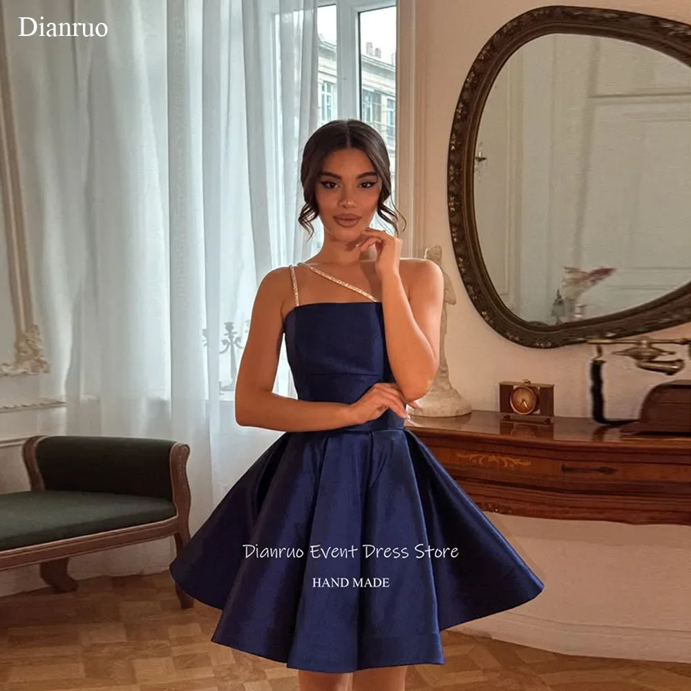 

Dianruo Navy Blue Sleeveless Prom Dress Asymmetric Strap Above Knee Pleated Quinceanera Dress Modern Birthday Dress Customized