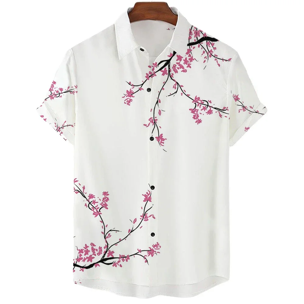 Men Hawaiian Short Sleeve Shirt Polyester 3D Print Pink Cherry Blossom Twig Floral Print White Background Lapel Summer Shirt