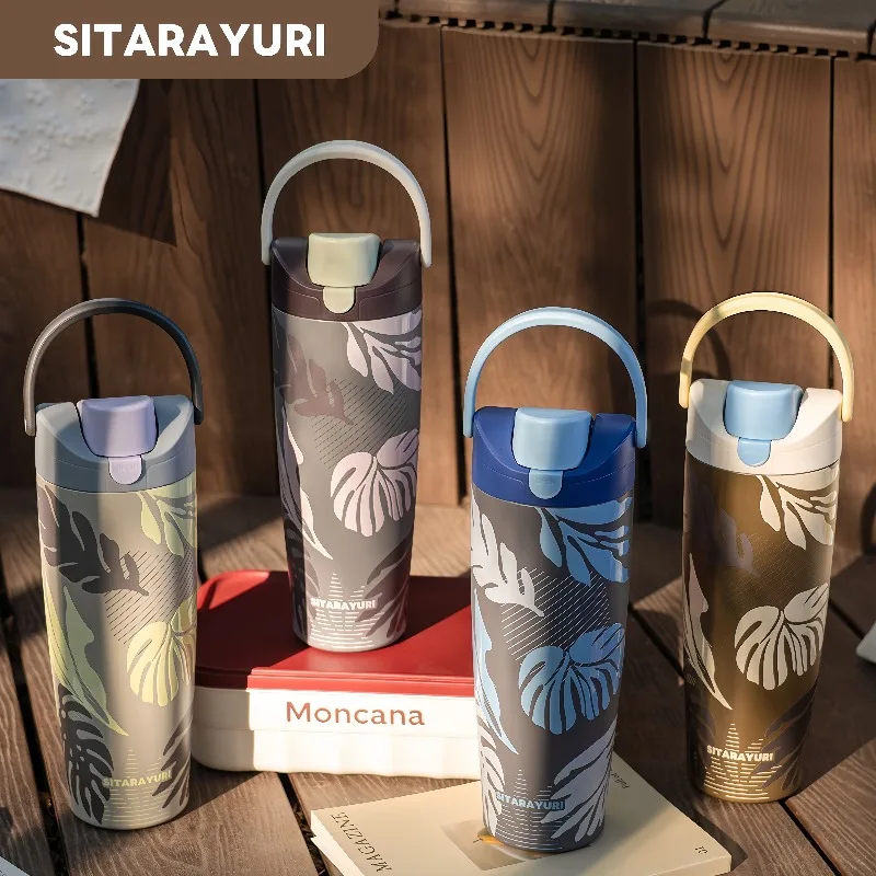 SITARAYURI 900ml Straw Insulated Cup 304 Stainless Steel Dual‑drink Thermal Mug Portable Sports Car Water Bottle with Carry Loop