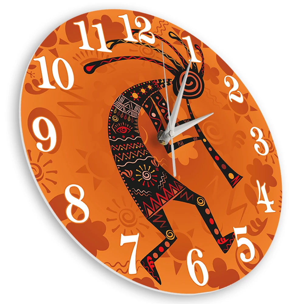 Tribal Kokopelli Southwest Desert Wall Clock Humpbacked Flute Player Ethnic African Deity of Fertility Flutist Silent Wall Clock