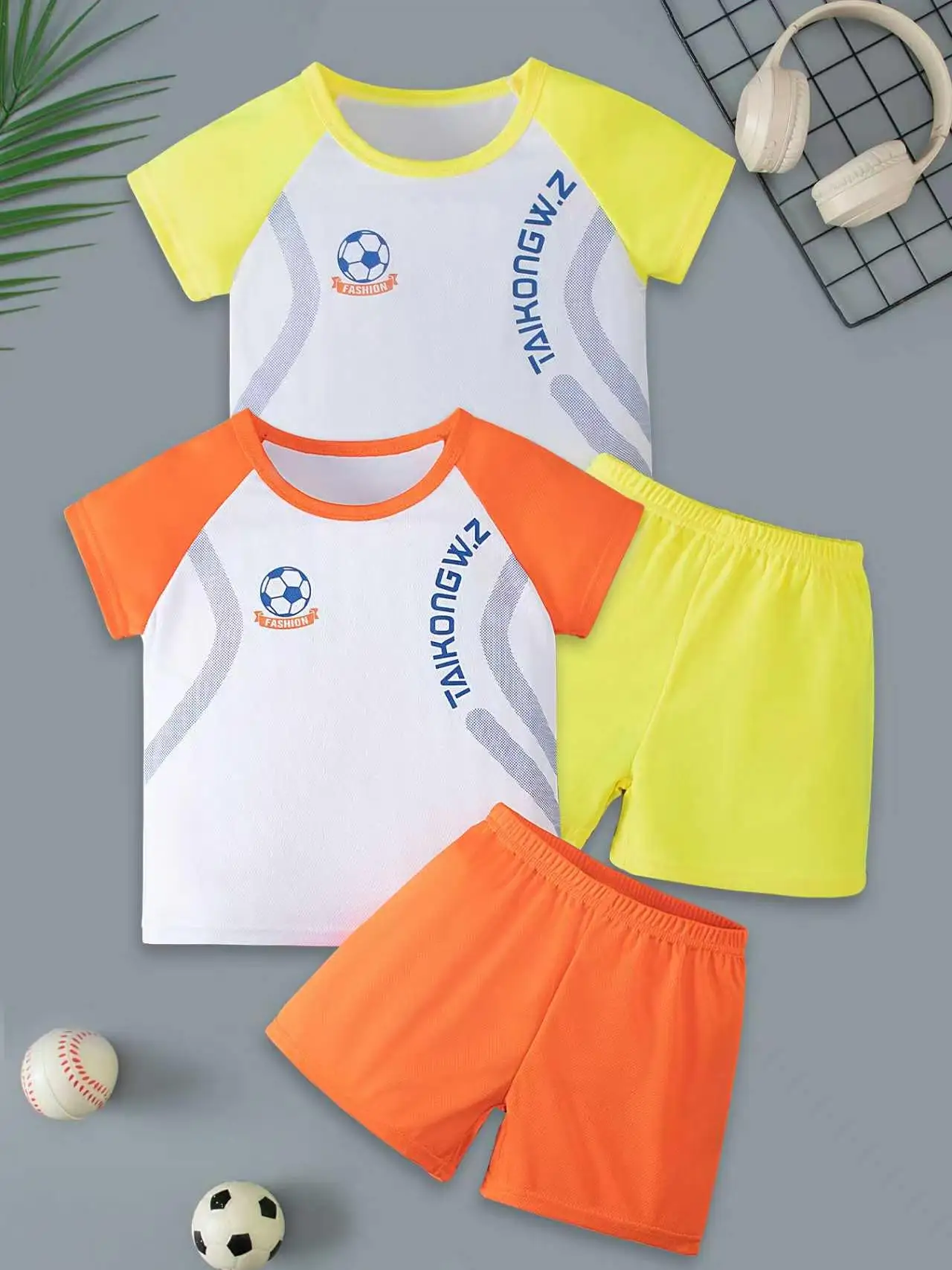 2-teiliges Sommer-Set für Kinder aus Mesh, schnell trocknend, lässig, kurzärmelig, Shorts-Set für Jungen, atmungsaktives Sport-T-Shirt, Shorts mit elastischem Bund
