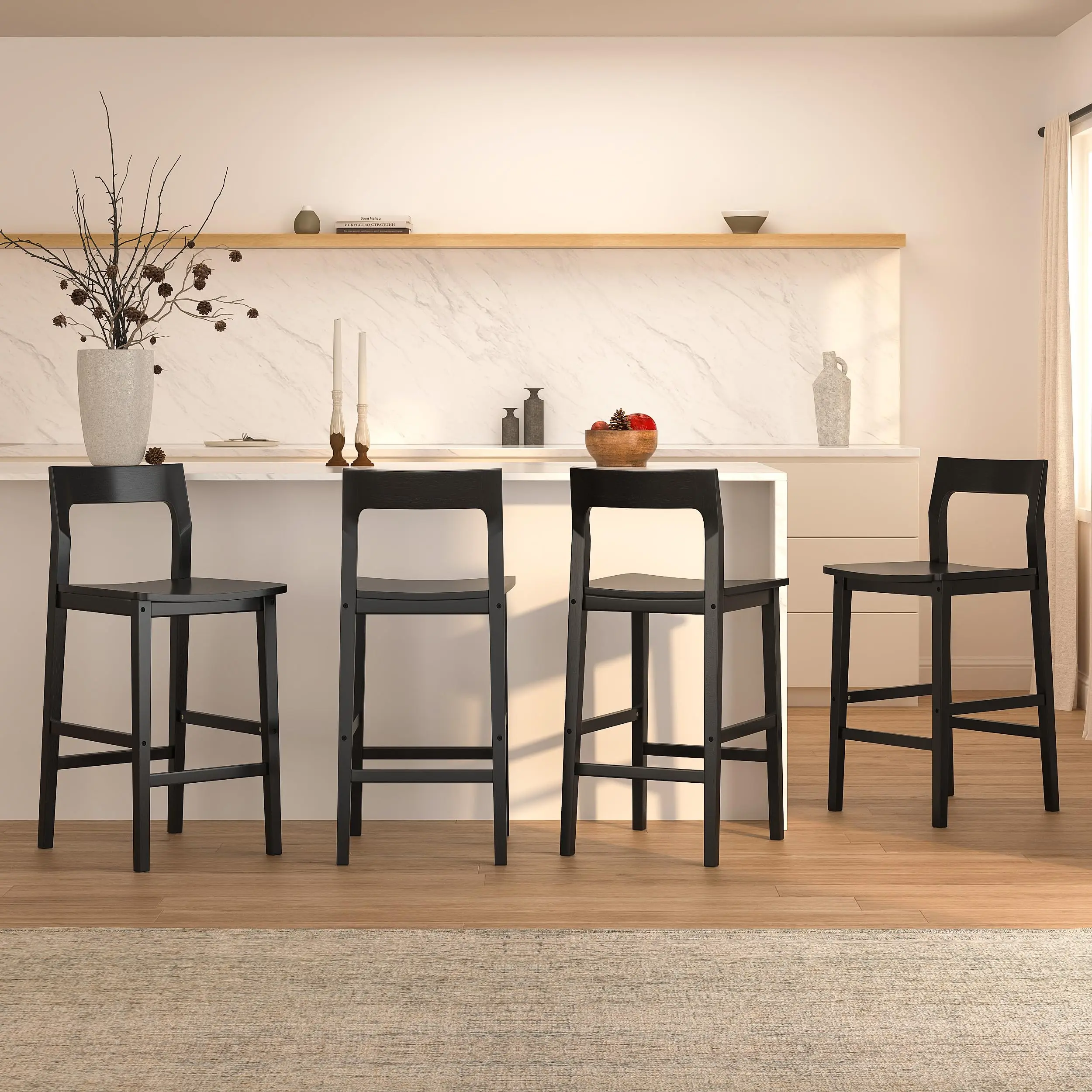 Farmhouse Wooden Bar Stools Set of 4, Mid Century Modern Counter Height Stools with Solid Wood Legs & Back, 25