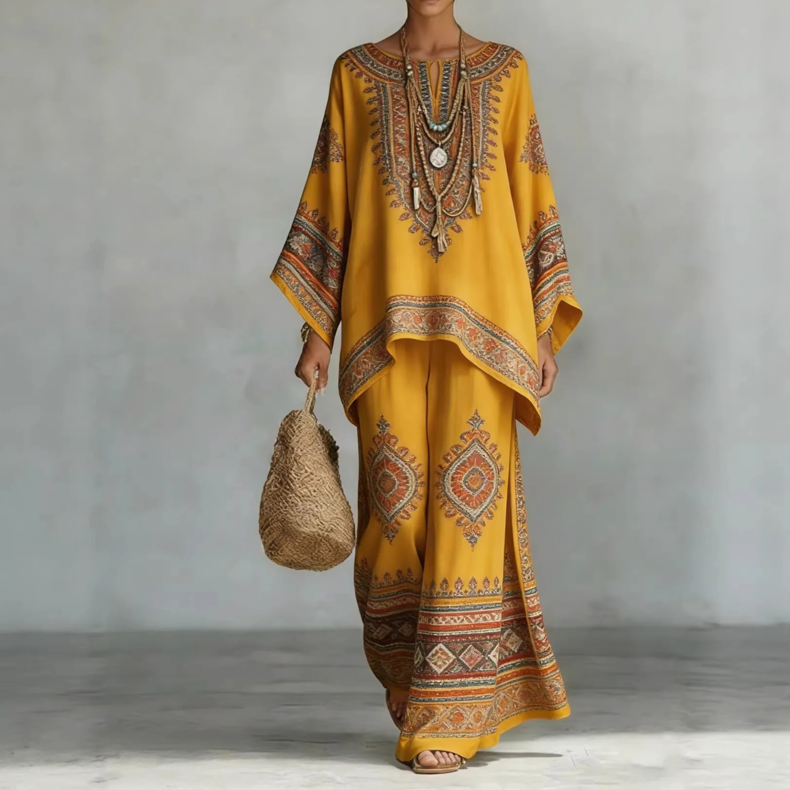 

Женский комплект в этническом бохо-стиле: желтый топ с принтом и рукавами-крылышками, широкие брюки с карманами, домашняя одежда.