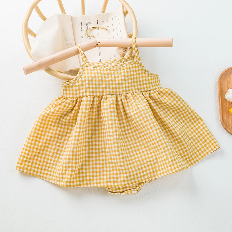 New Korean Baby Girl Sling Bag Fanny Dress Summer Thin Plaid Baby Onesie Casual Sweet Dress Children Knee-Length Skirt For 0-1Y